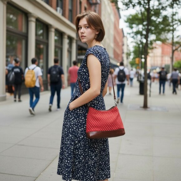 Brighton Red Geometric Tapestry Brown Leather Shoulder Bag - Picture 2 of 9
